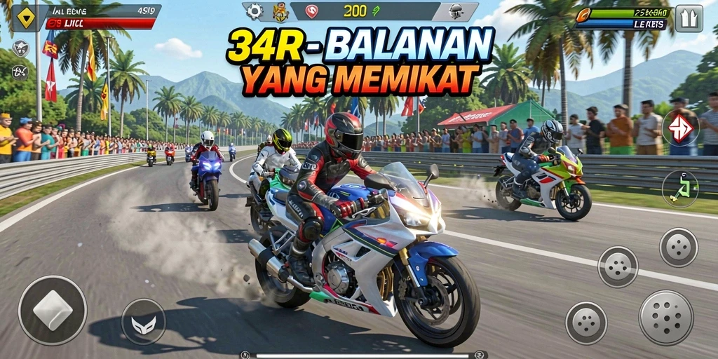 Screenshot utama 34R menunjukkan balapan motor yang intens.