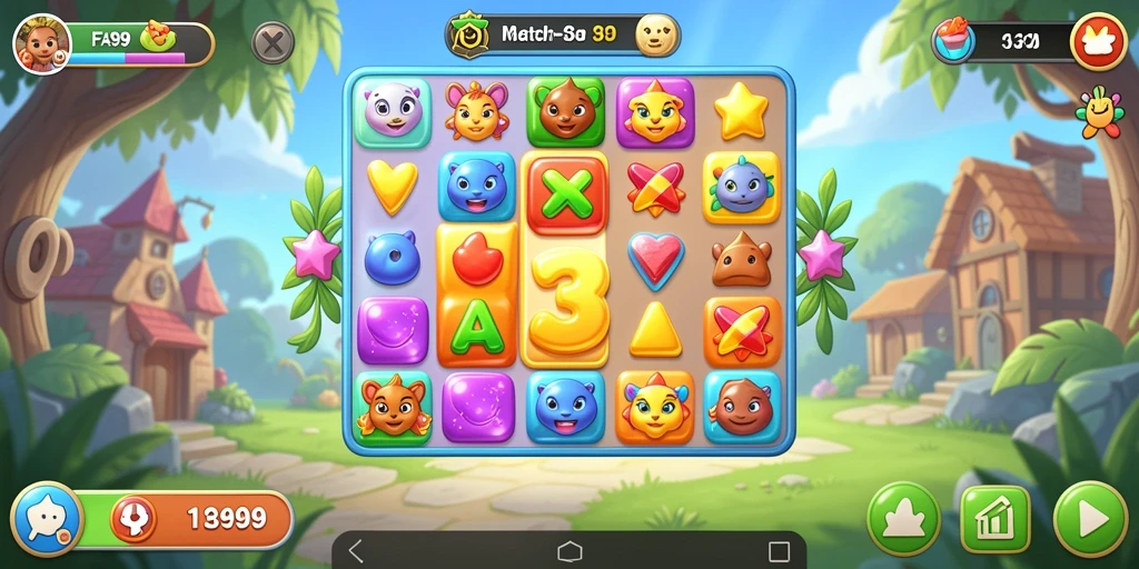 Screenshot game FA99 menunjukkan keseruan gameplay Match-3 yang memukau.