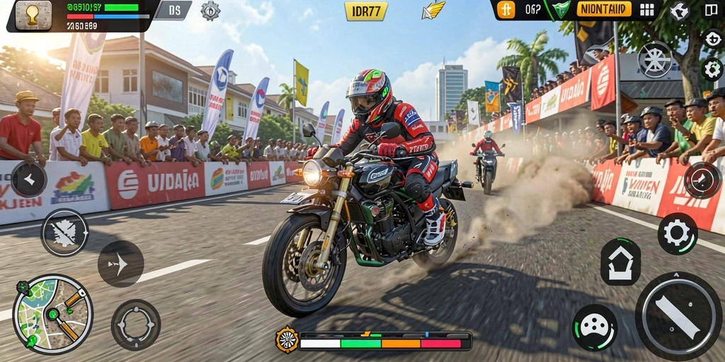 Tampilan gameplay IDR77 yang seru saat balapan motor.