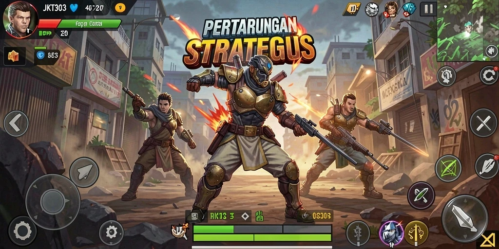 Screenshot JKT303 yang menampilkan aksi pertarungan strategis dalam gameplay.