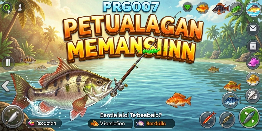 Screenshot gameplay PRG007 yang menampilkan petualangan memancing di danau yang indah.