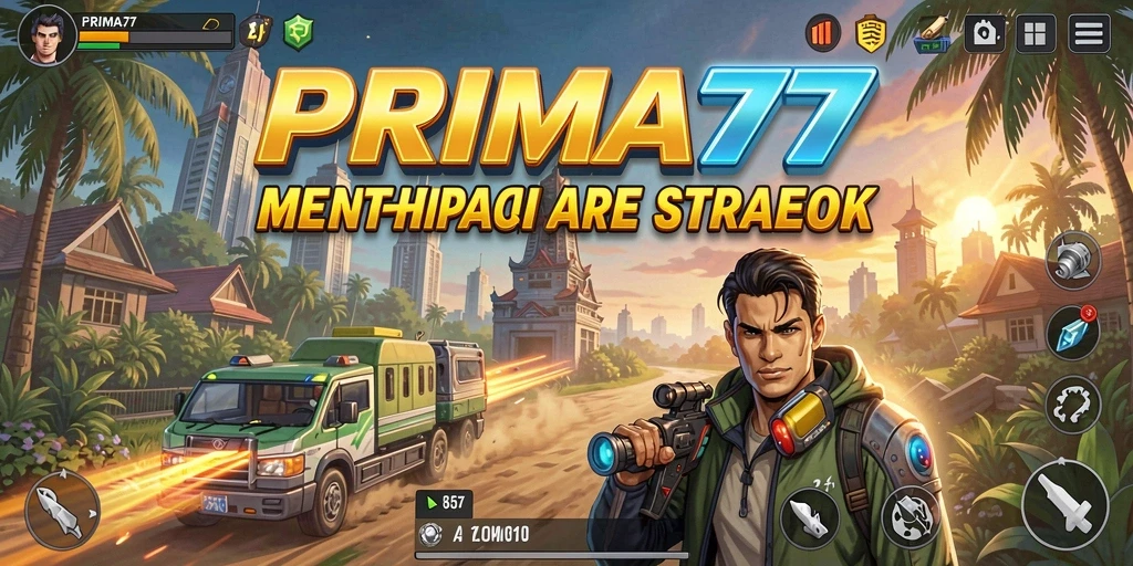 Screenshot gameplay PRIMA77 menampilkan serangan menara yang mendebarkan.