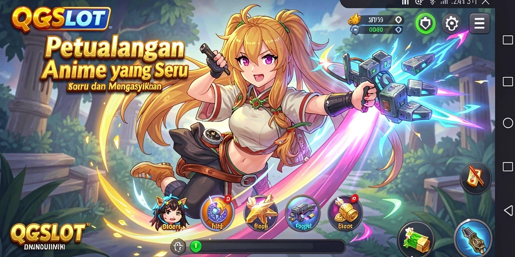 Tampilan gameplay QQSLOT menampilkan karakter anime yang dinamis dan penuh warna.