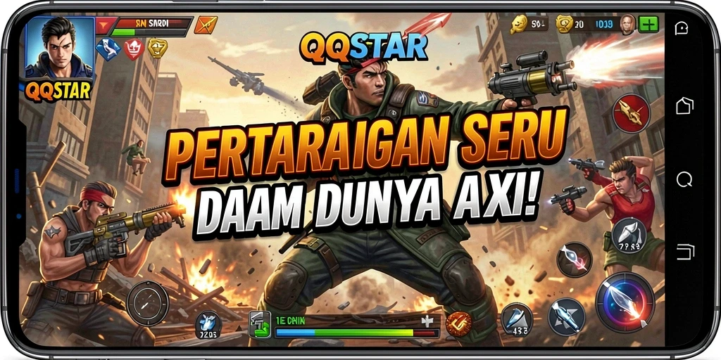 Screenshot utama QQSTAR menampilkan aksi pertarungan seru di arena.
