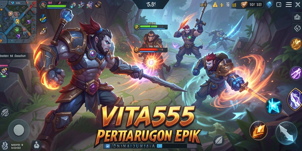 Screenshot gameplay VITA555 yang menunjukkan pertempuran antara dua tim.