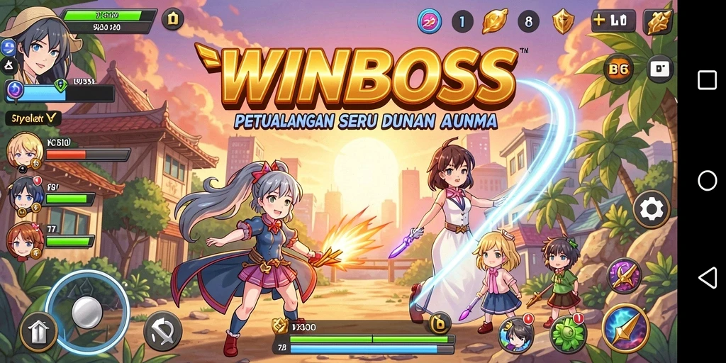 Tampilan seru dari gameplay WINBOSS dengan karakter anime yang beraksi.